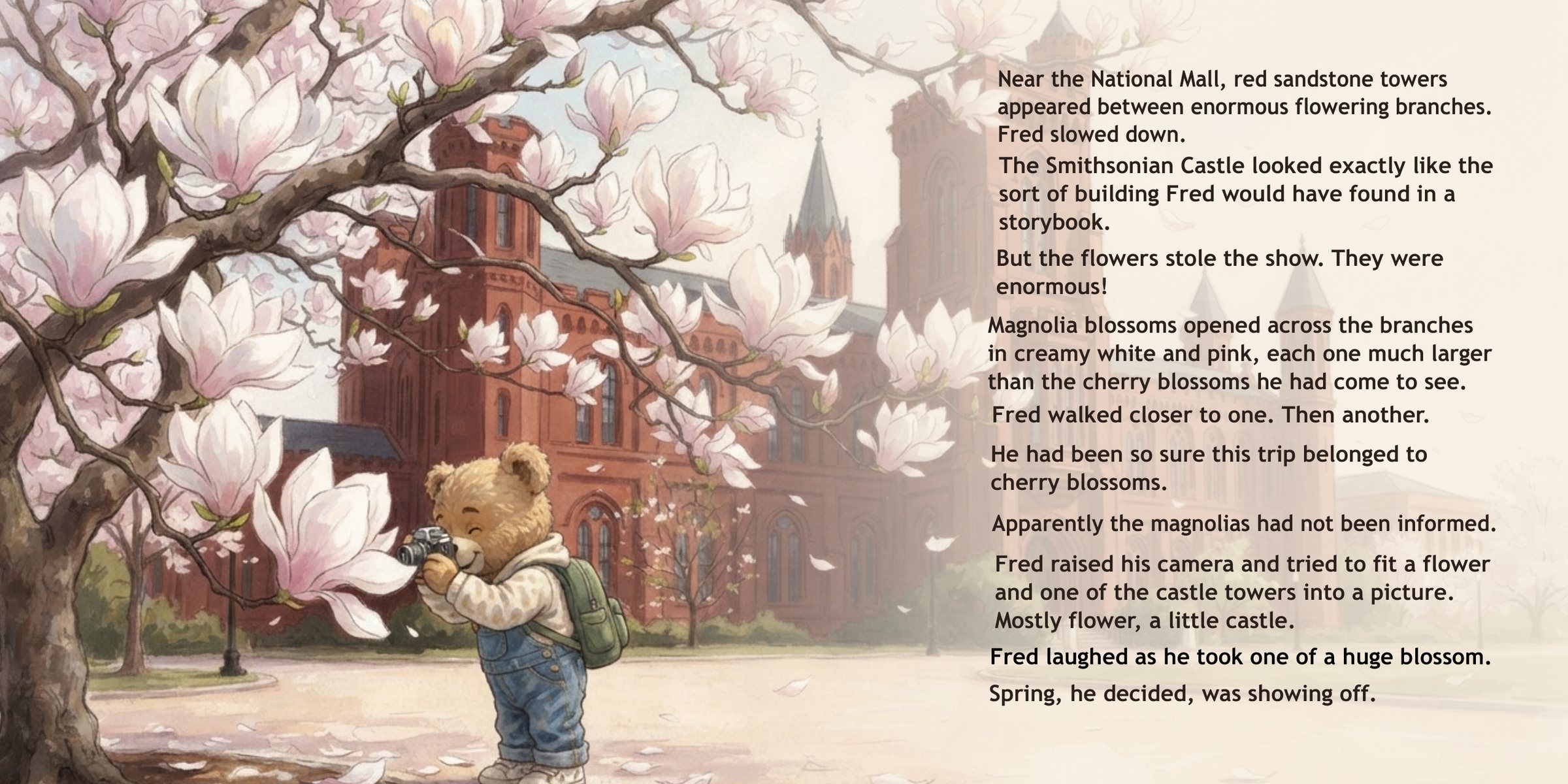 Pages 12–13: Fred Bear among magnolia blossoms near the Smithsonian Castle, with story text