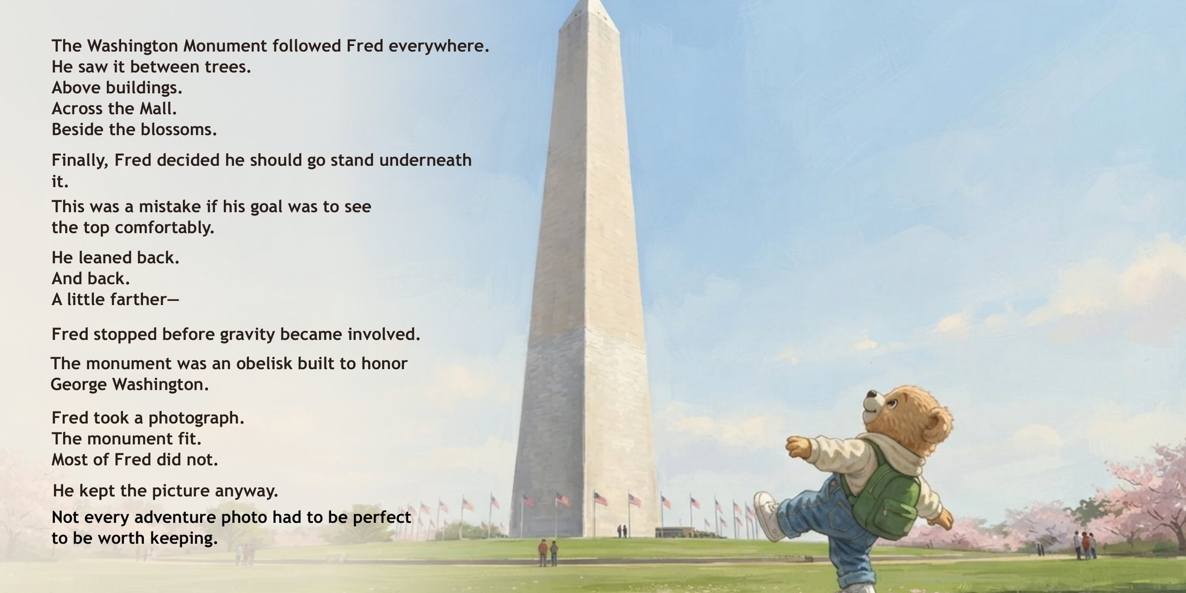 Pages 14–15: Fred Bear at the Washington Monument, with story text