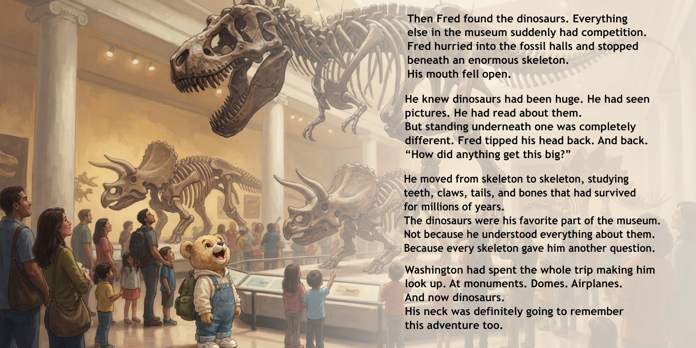 Pages 42–43: Fred Bear in the dinosaur hall of the Natural History Museum, with story text