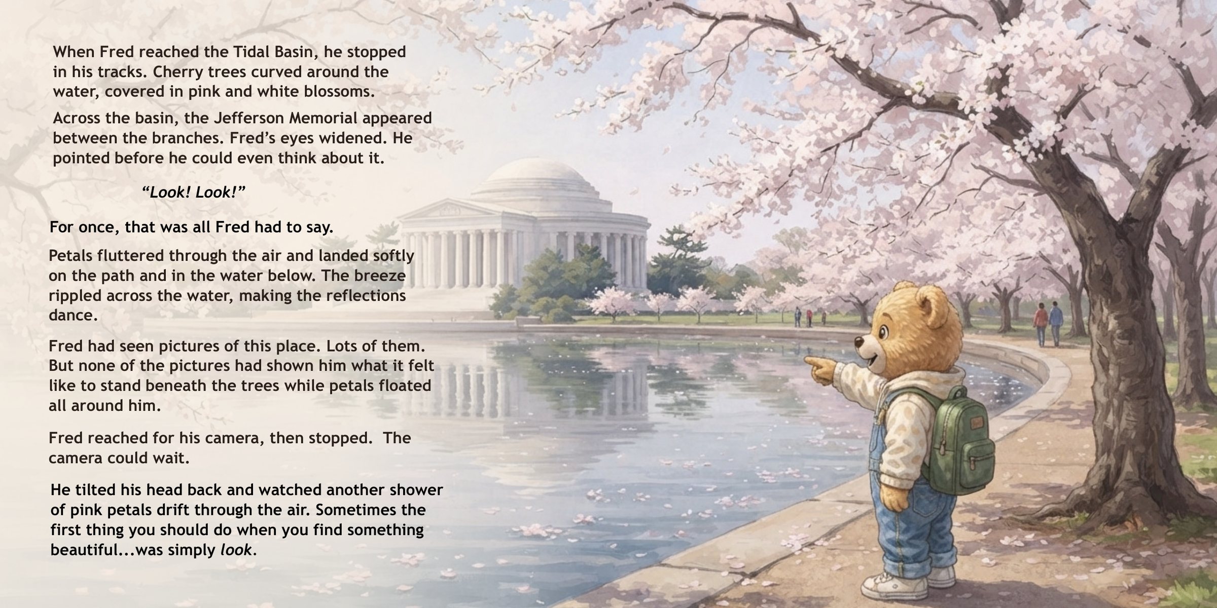 Pages 6–7: Fred Bear by the Tidal Basin and Jefferson Memorial under cherry blossoms, with story text