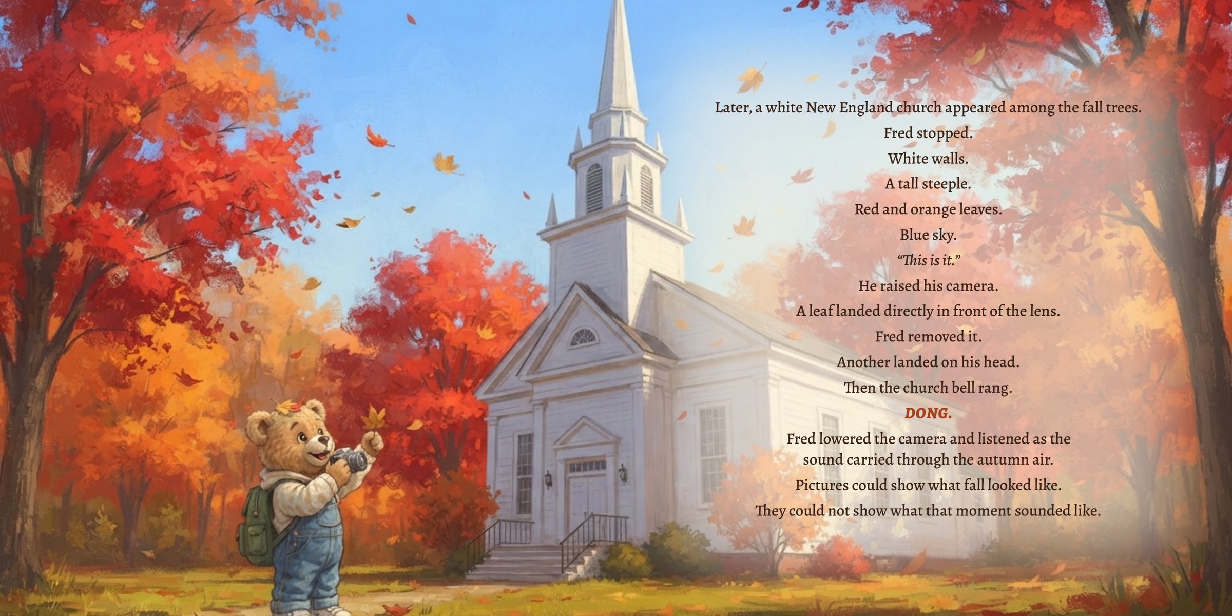 Pages 20–21: Fred Bear beside a white New England church under fall foliage, with story text