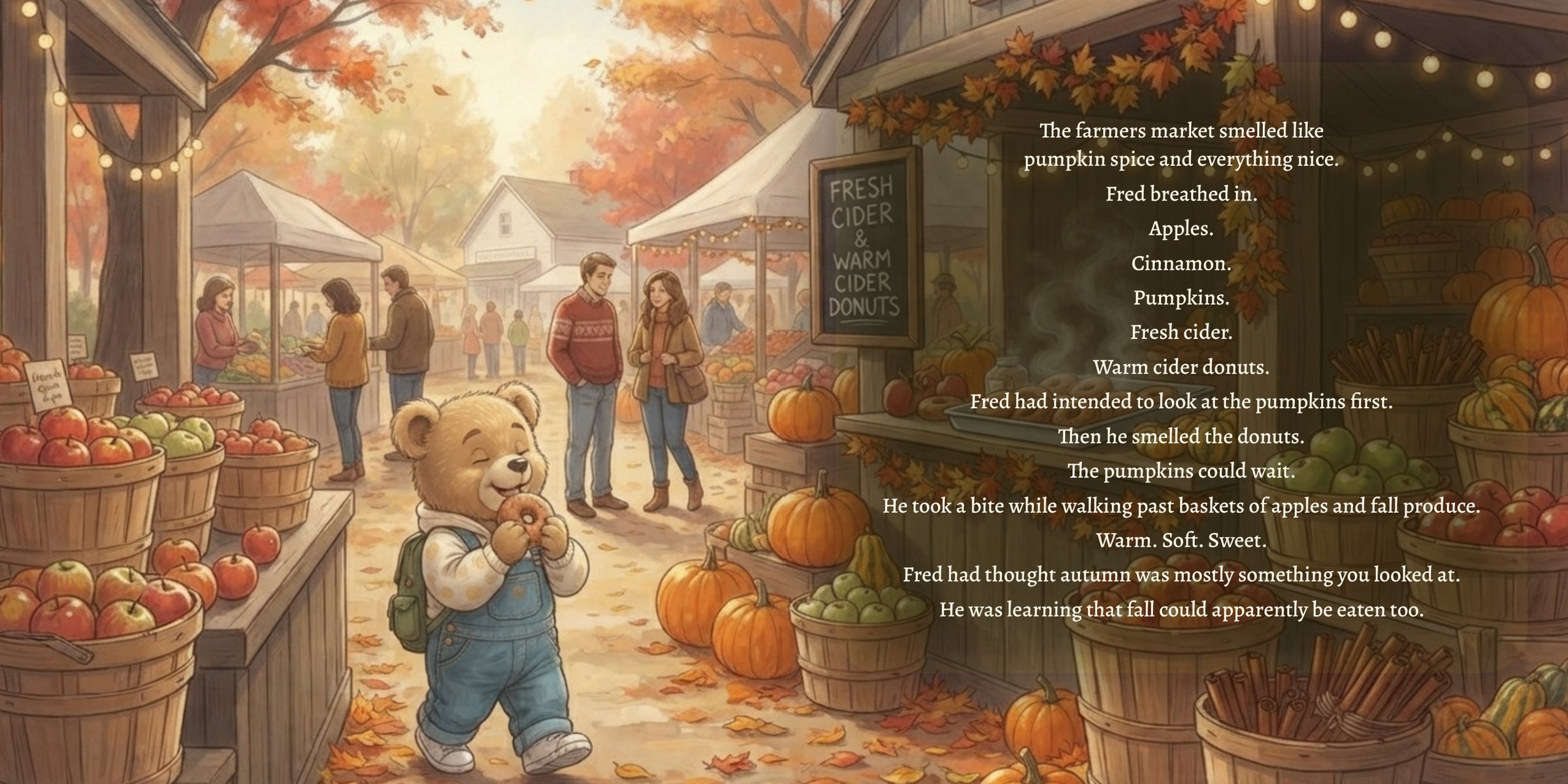 Pages 24–25: Fred Bear at a fall farmers market with apples and pumpkins, with story text