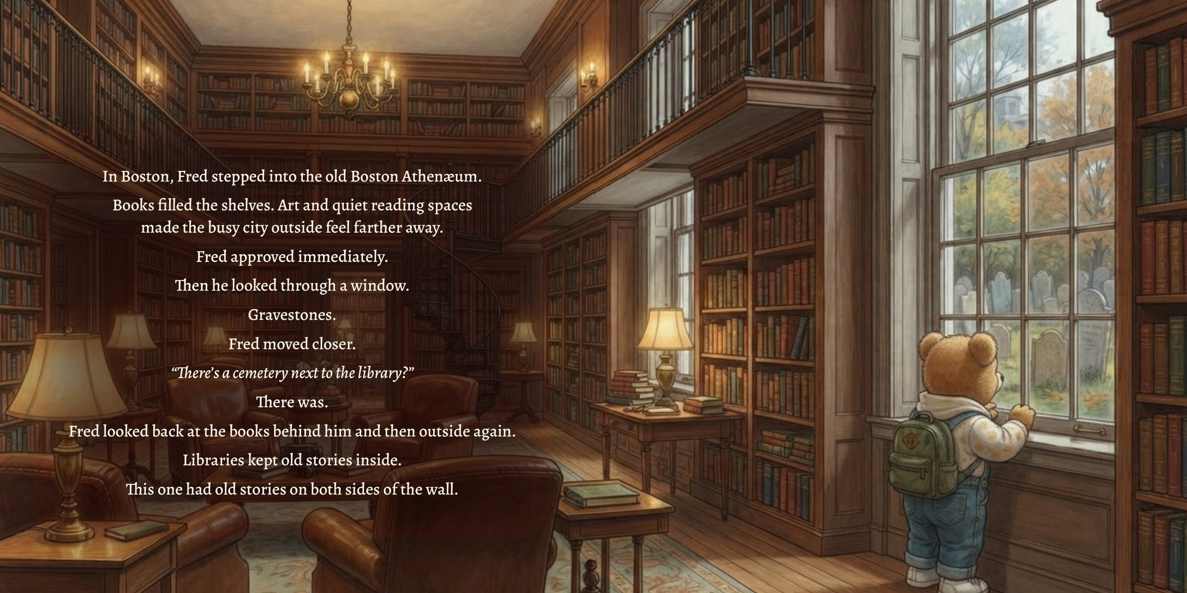 Pages 30–31: Fred Bear in the reading room of the Boston Public Library, with story text