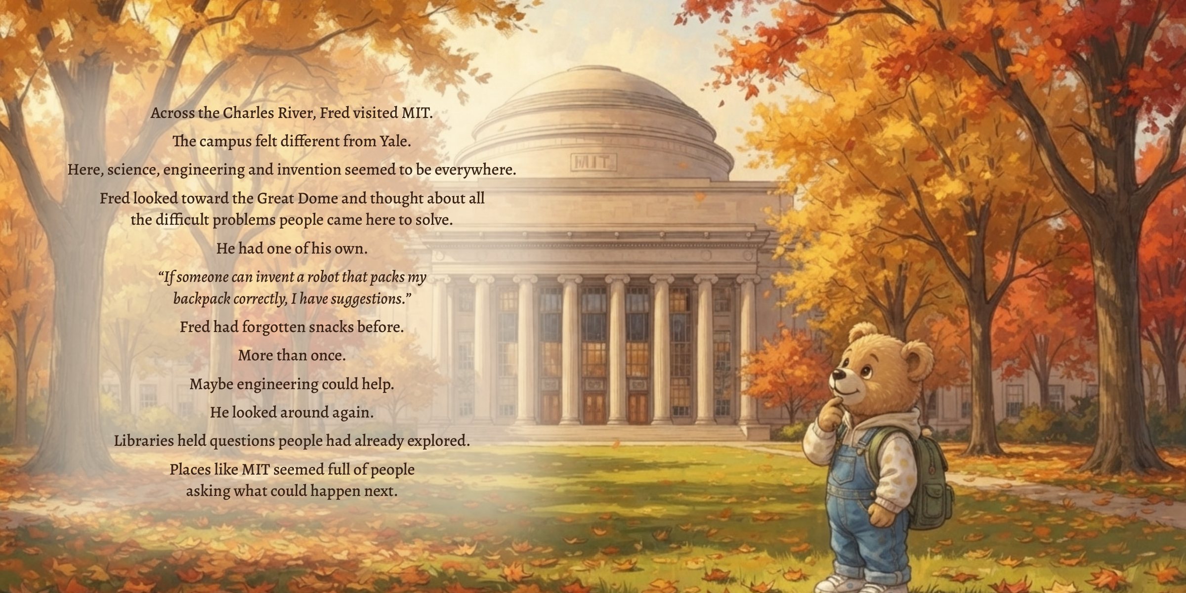Pages 34–35: Fred Bear on the MIT lawn in front of the Great Dome, with story text