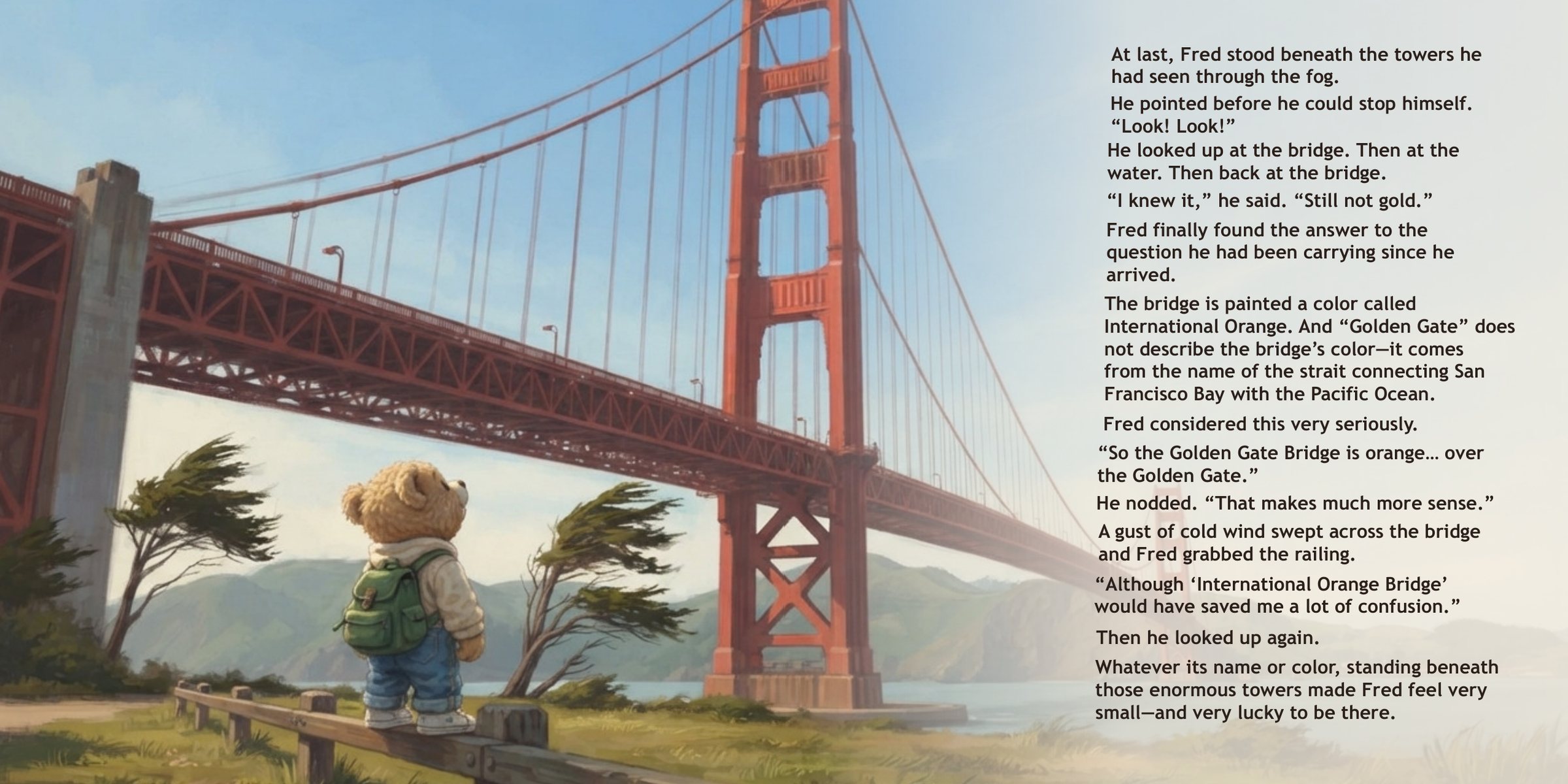 Pages 24–25: Fred Bear looking up at the Golden Gate Bridge, with story text