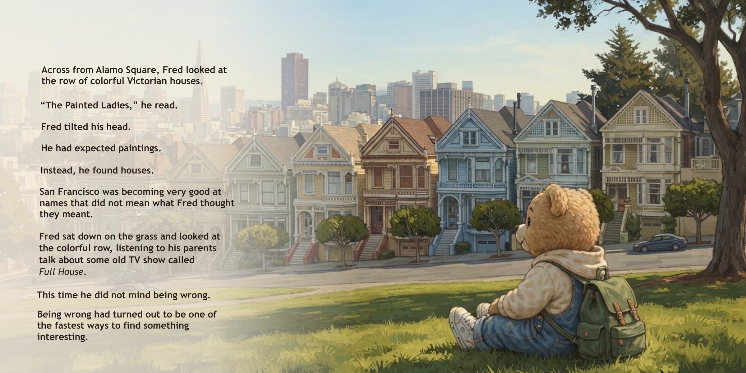 Pages 34–35: Fred Bear at Alamo Square in front of the Painted Ladies, with story text