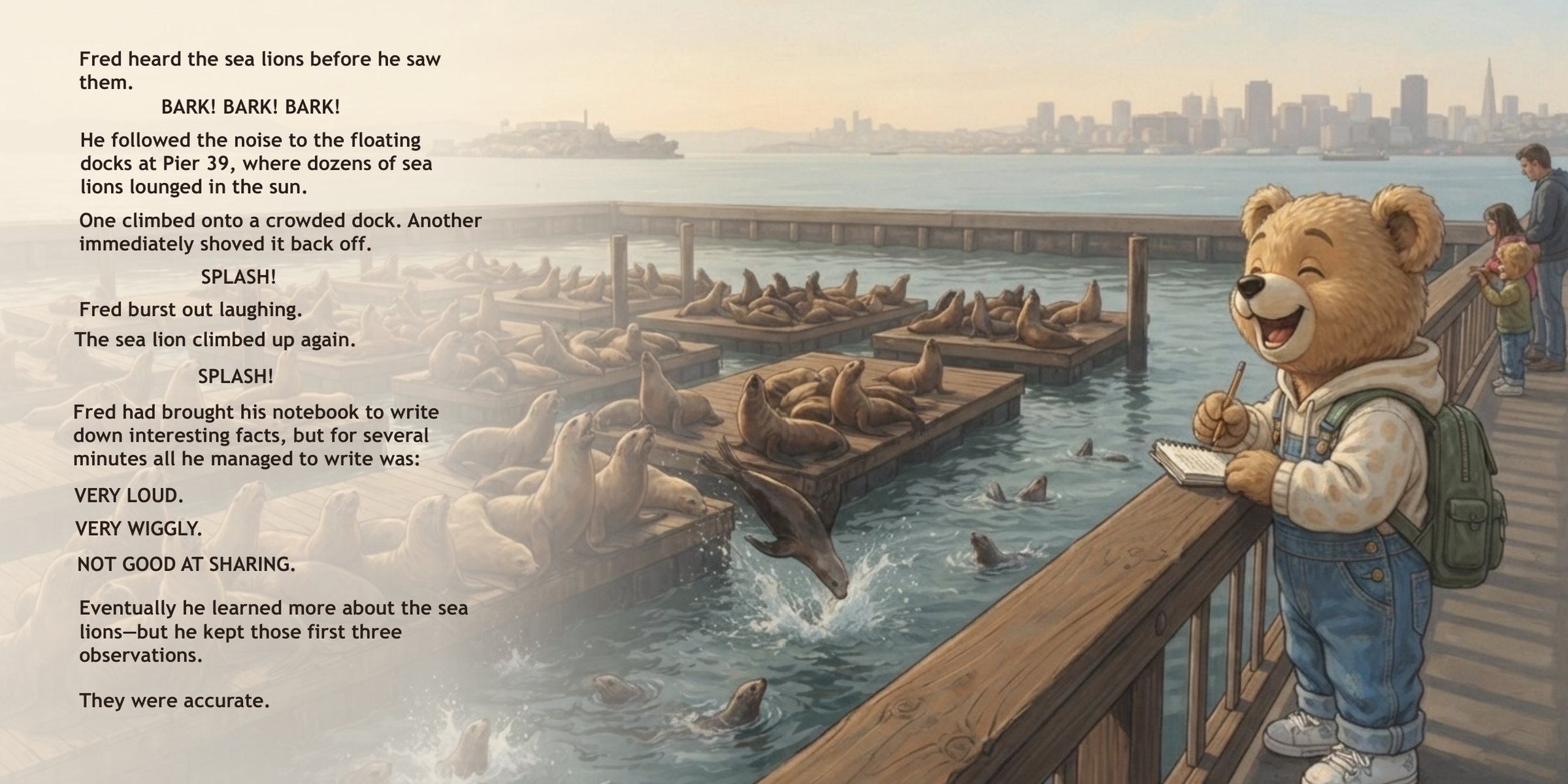 Pages 38–39: Fred Bear watching the sea lions at Pier 39, with story text