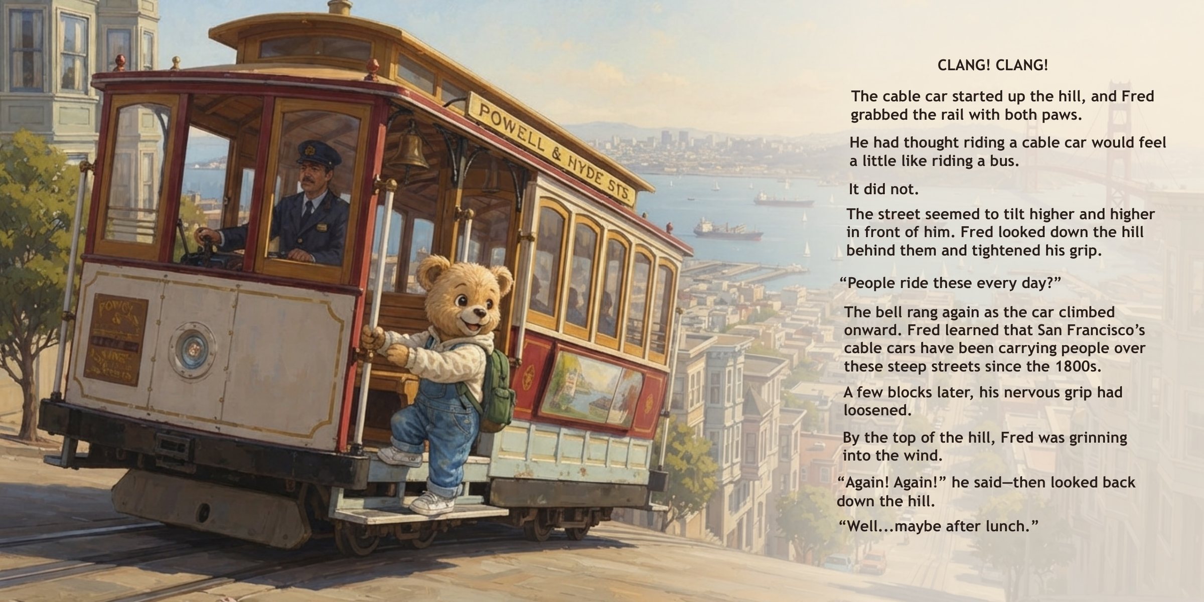 Pages 8–9: Fred Bear riding a San Francisco cable car, with story text
