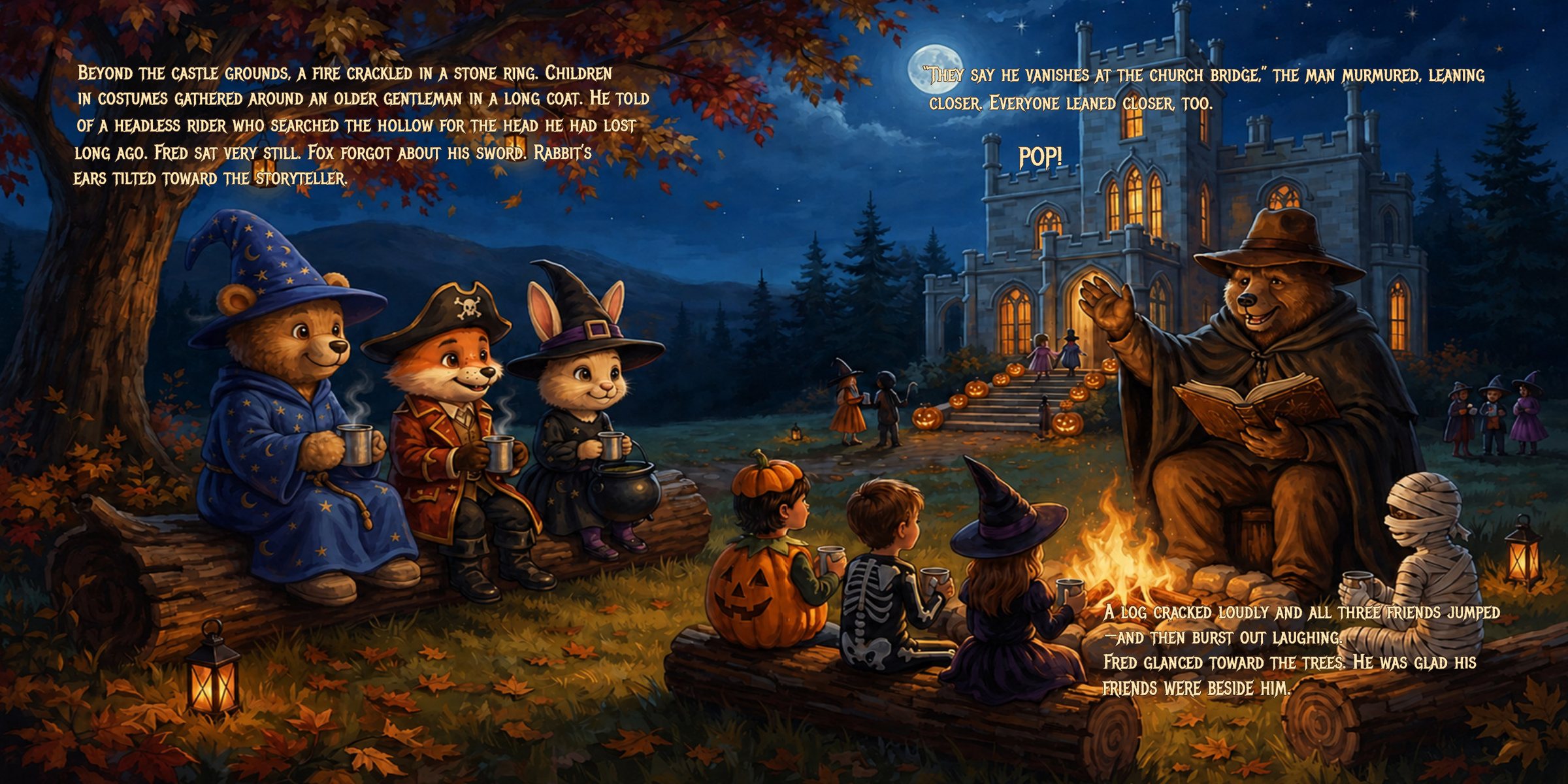 Pages 14–15: Fred Bear and friends listening to a spooky story around a campfire, with story text