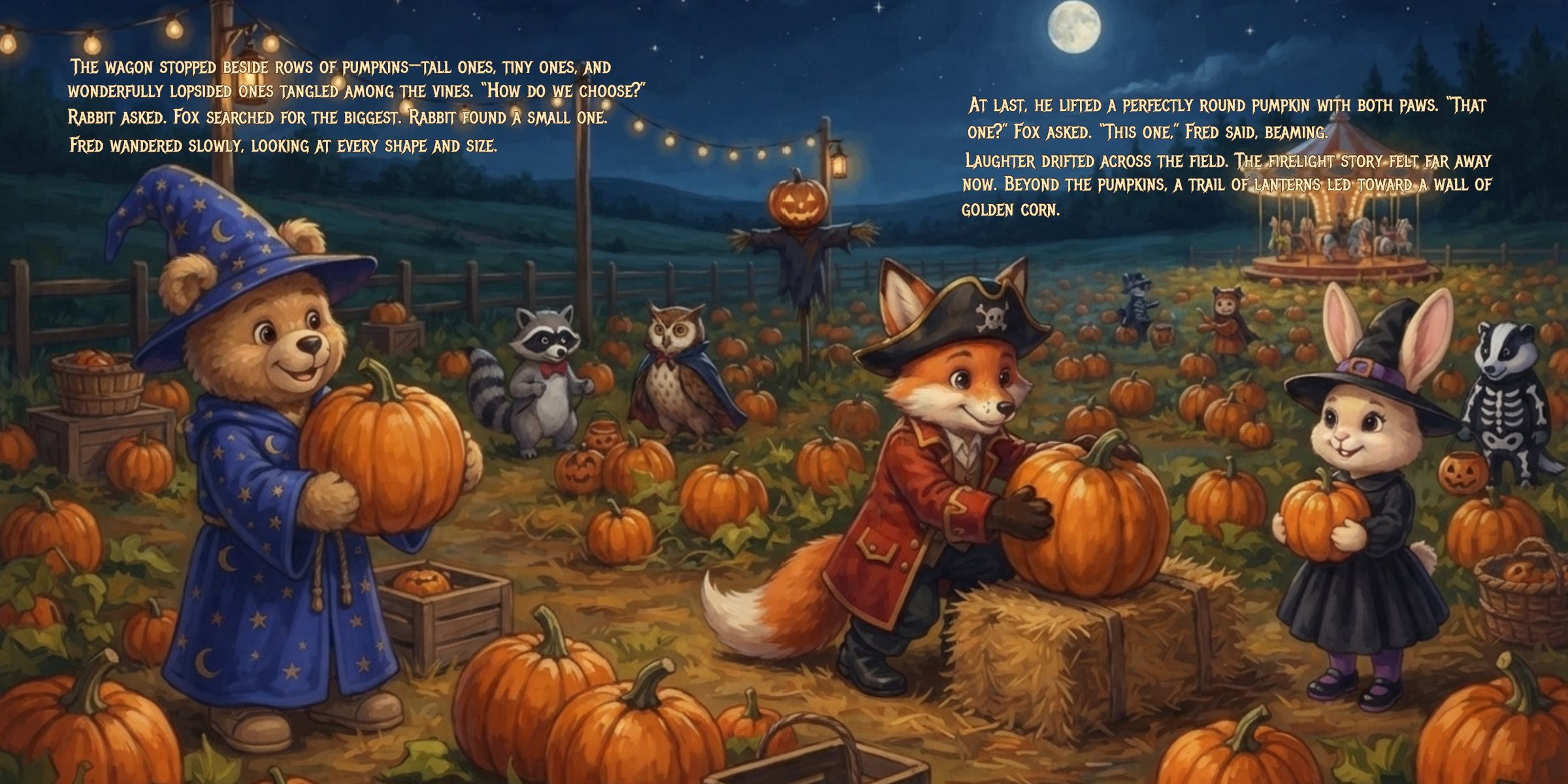Pages 18–19: Fred Bear, Fox, and Rabbit in a moonlit pumpkin patch, with story text