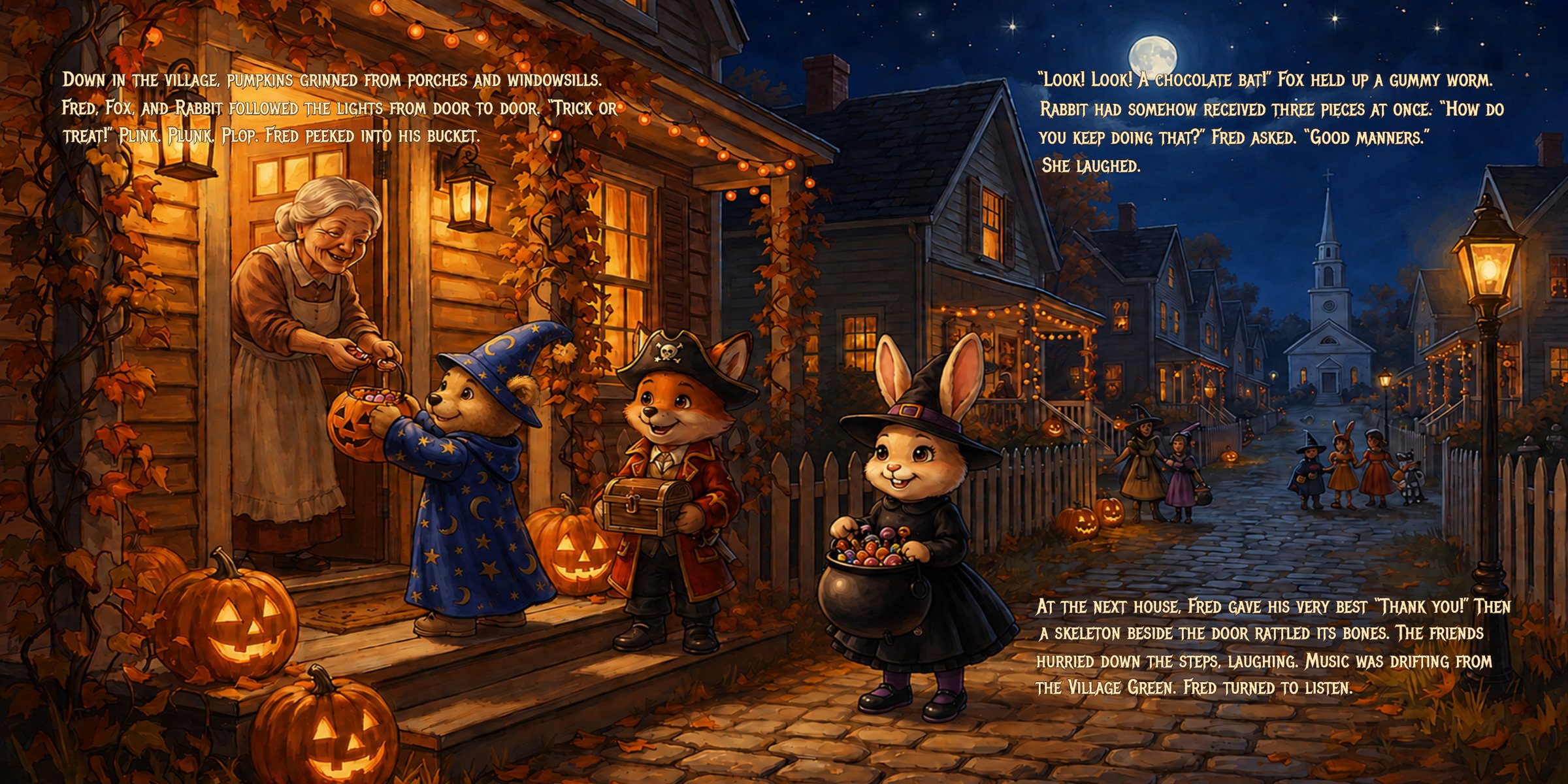 Pages 34–35: Fred Bear and friends trick-or-treating at a glowing doorway, with story text