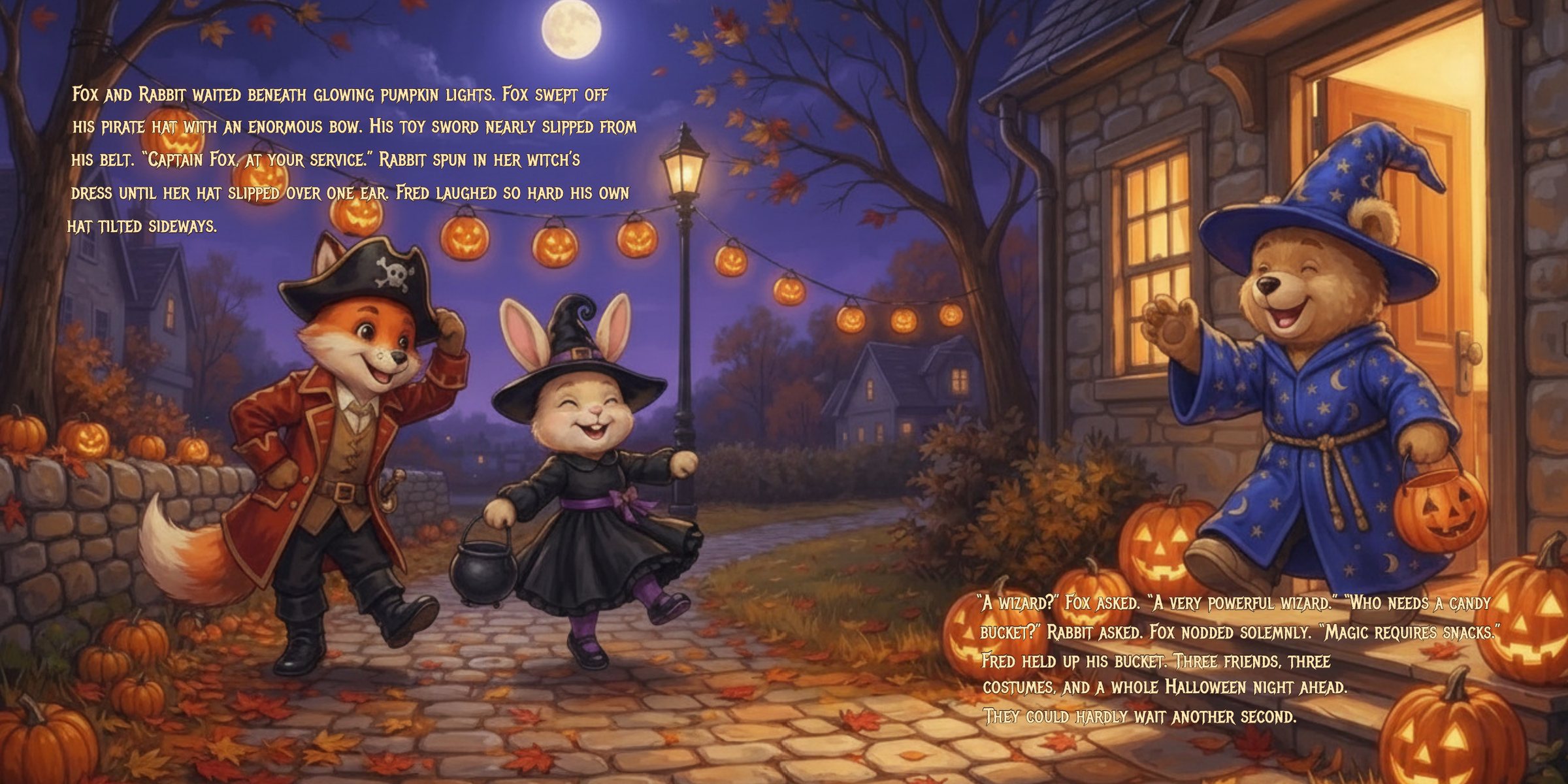Pages 6–7: Fred Bear, Fox, and Rabbit meeting up in their costumes, with story text