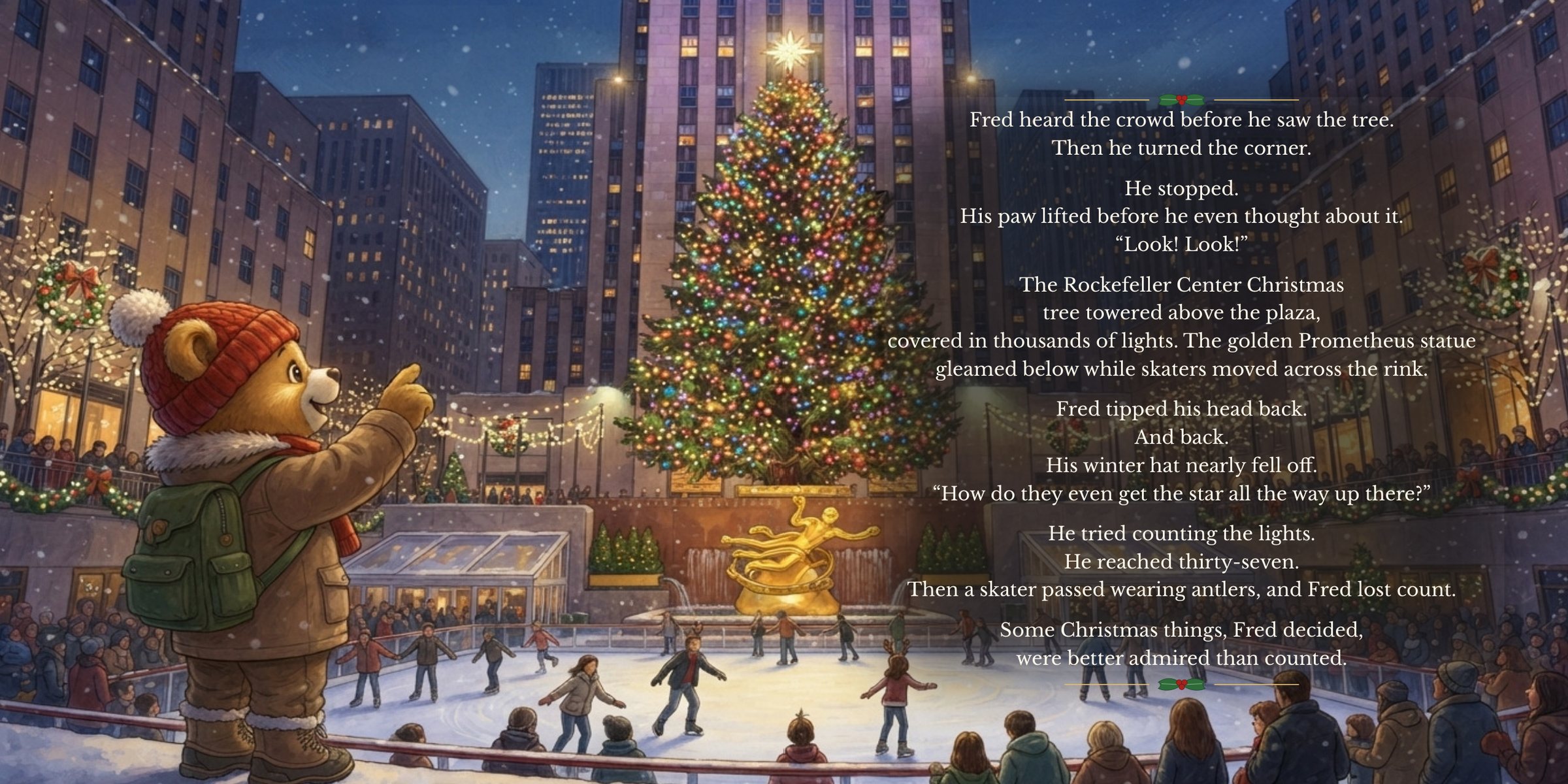 Pages 12–13: Fred Bear at the Rockefeller Center Christmas tree, with story text