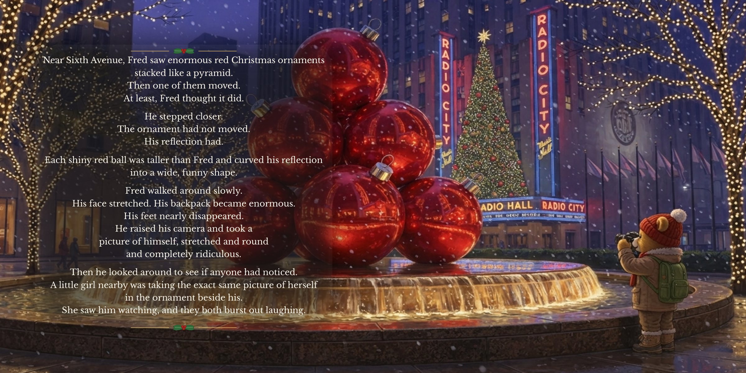 Pages 24–25: Fred Bear beside the giant red ornaments on Sixth Avenue, with story text