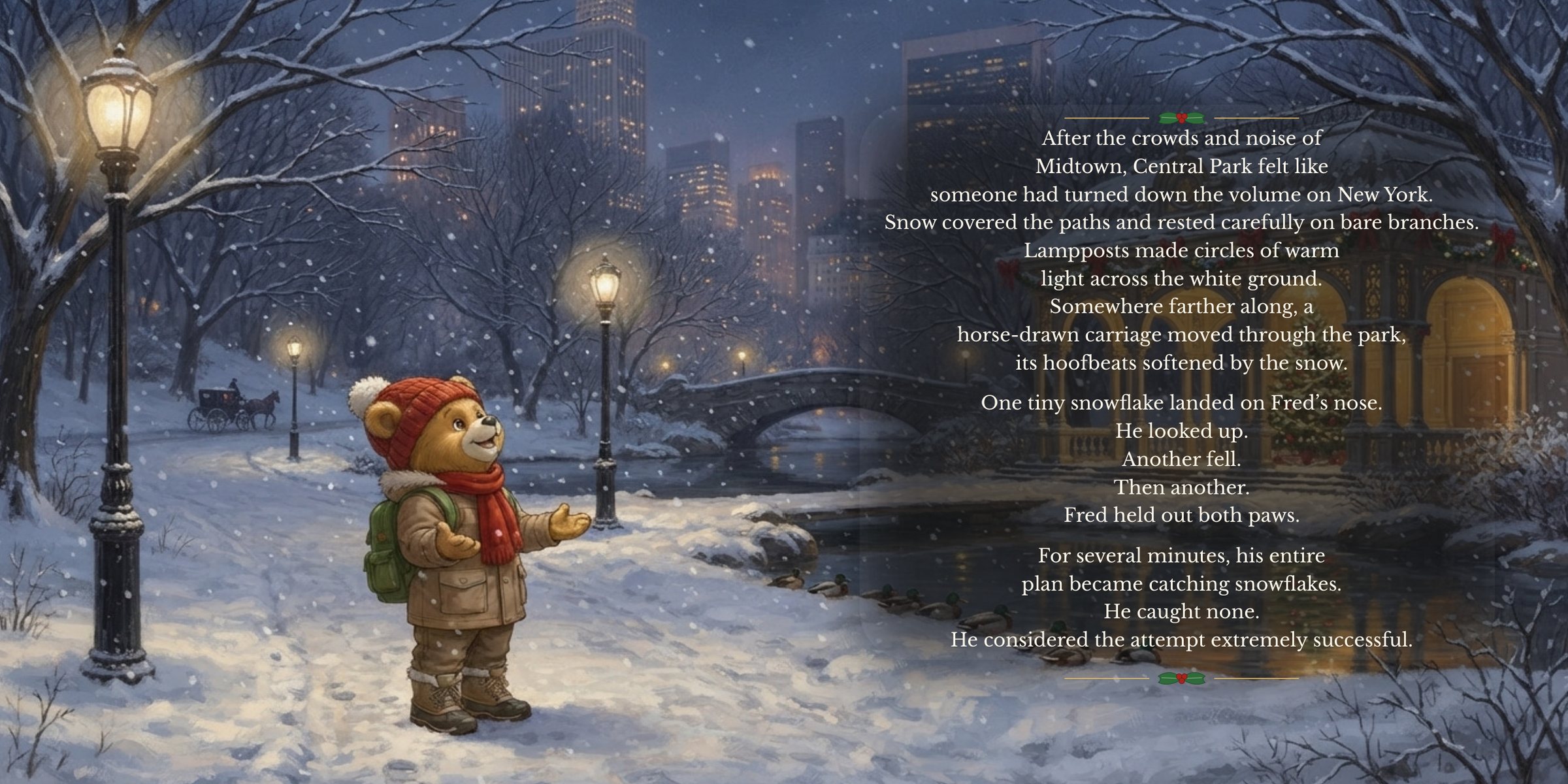 Pages 32–33: Fred Bear on a snowy evening in Central Park, with story text