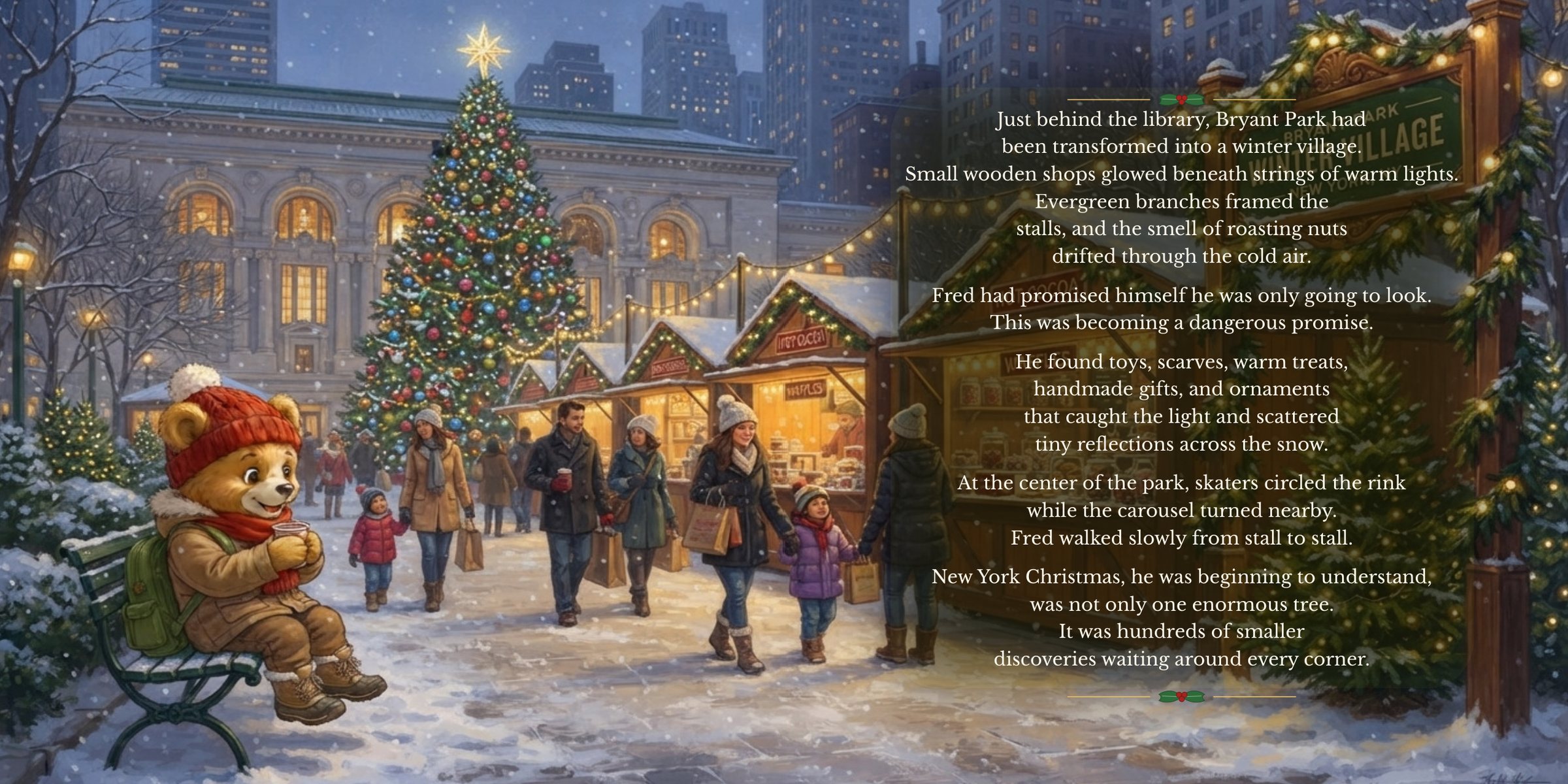 Pages 40–41: Fred Bear at the Bryant Park holiday market, with story text