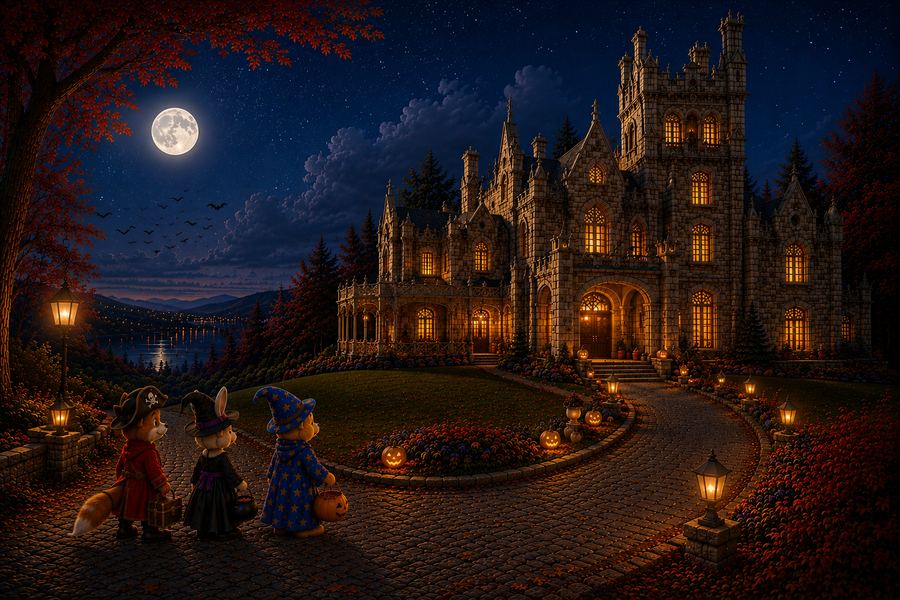 Fred Bear, Fox, and Rabbit trick-or-treating at a haunted mansion
