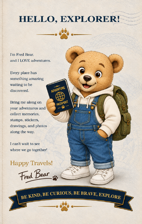 Hello, Explorer! Fred Bear welcomes young travelers to their passport